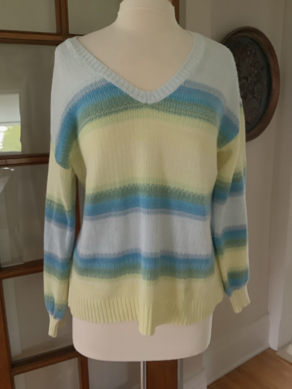 Loft Women’s Pastel Stripe V-Neck Sweater - Light Blue, Yellow, Green
